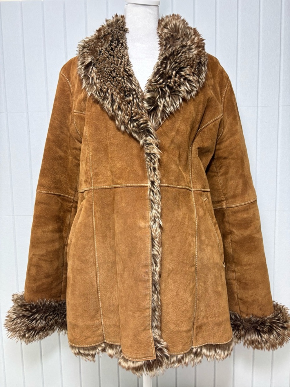 Marvin Richards Vintage Faux Fur Trim Suede Genuine Leather Brown Jacket Size L